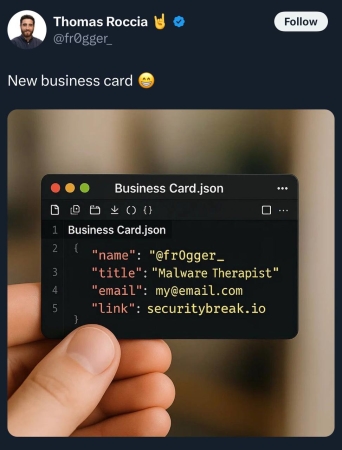 Старший исследователь по угрозам в Microsoft запостил в Твиттере проект своей новой визитки. Комментаторы особенно высоко оценили пробел в названии файла и отсутствие кавычек в значении полей 👎