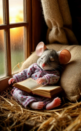 Мышонок, нейросеть, читал книгу, спит