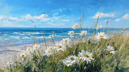 Рисунок, маргаритки на пляже
