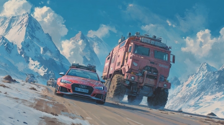 Авто, грузовик, горы, арт рисунок