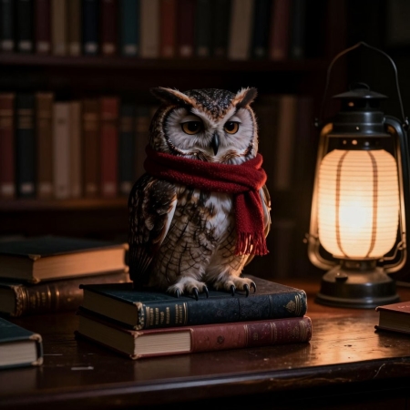 Сова, книги, лампа, арт рисунок