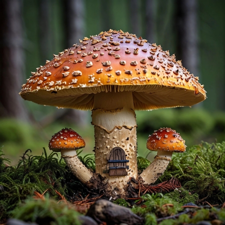 Домик из гриба, арт рисунок, а лесу