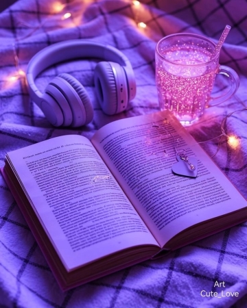Книга, наушники, кровать. Фиолетовые цвета