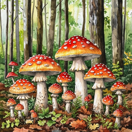 Лес, где много красных грибов, рисунок